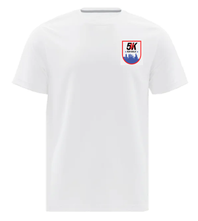 Official CVC 5K participant white t-shirt with race logo on left chest featuring Philadelphia skyline and red and blue branding